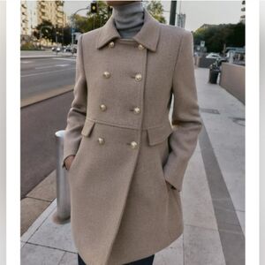 Zara Women's Beige Double-Breasted Wool Coat